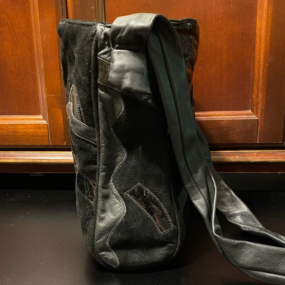 Black leather black suede and black patent Patchwork Shoulder Bag - Picture 6 of 14